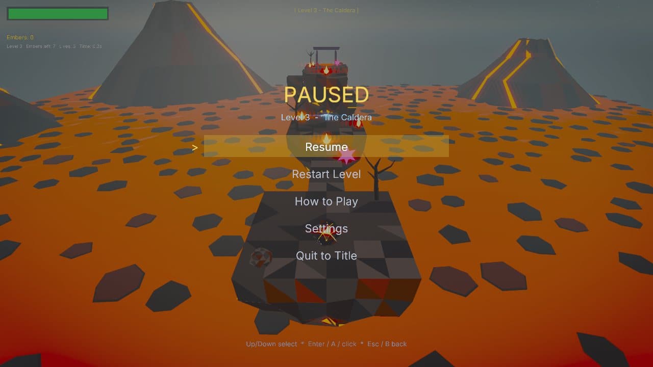 Pause menu, keyboard, mouse or gamepad